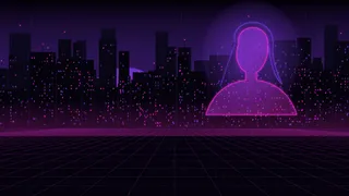 Neon city at night with a holographic AI companion silhouette